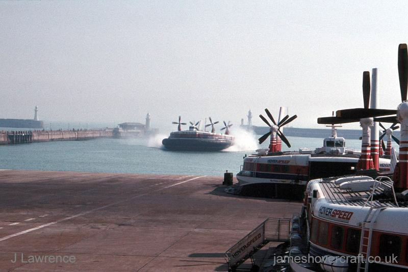 The SRN4 with Hoverspeed in Dover - Mk III The Princess Margaret (GH-2006) arriving behind the smaller craft (submitted by Pat Lawrence).